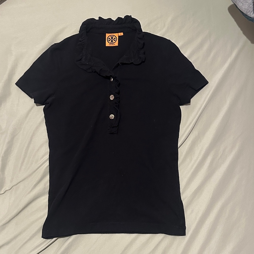 Tory Burch Black Ruffled Collar Polo Shirt